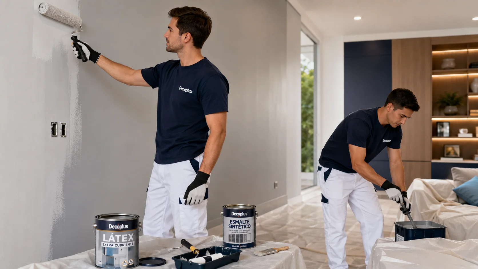 Pintores profesionales de Decoplus renovando el interior de una vivienda