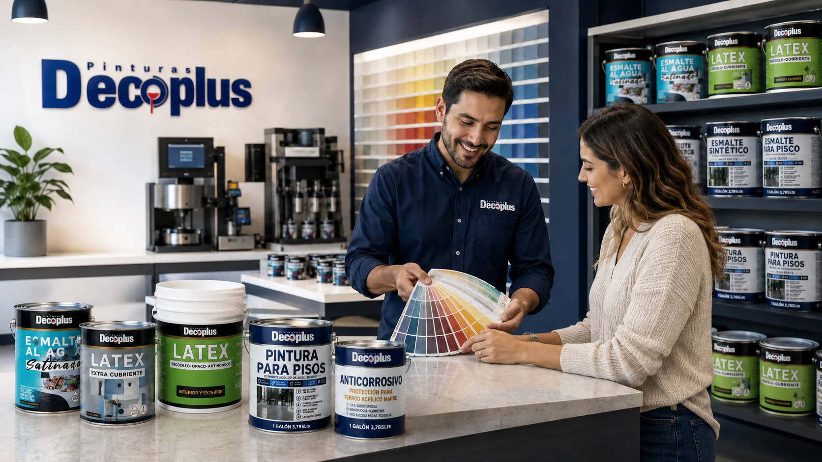 Asesor de Pinturas Deco Plus mostrando una carta de colores a una clienta junto a una pintura para pisos